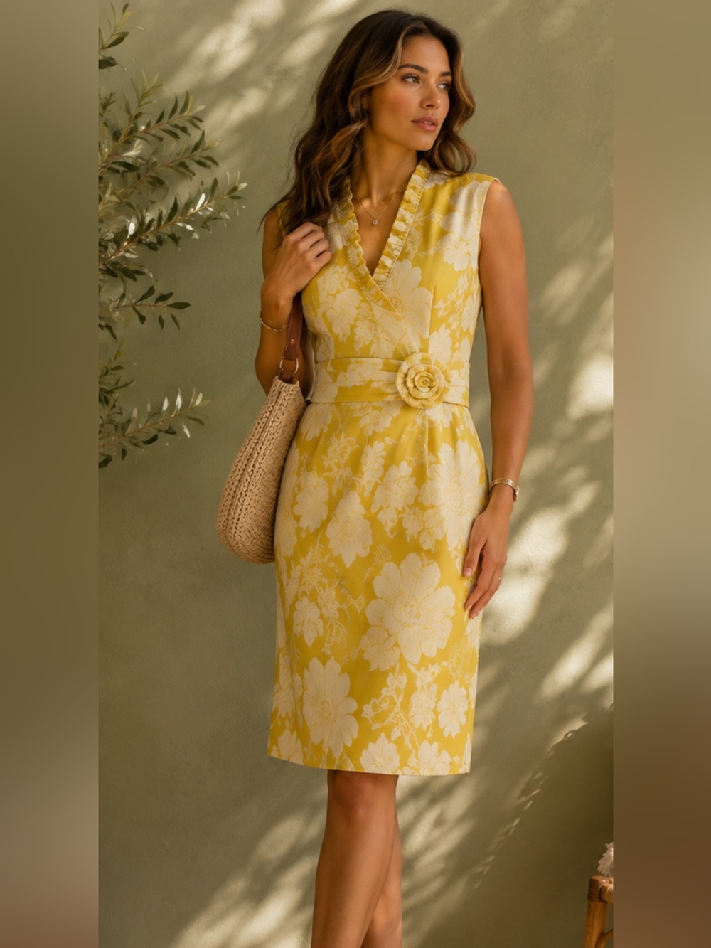 Jessica Howard Yellow Floral Ruffle Sheath Dress Rosette Waist Wedding Guest